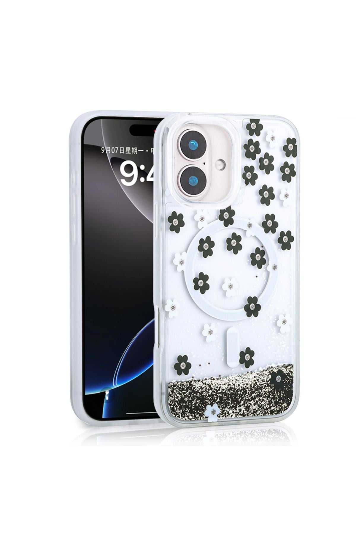 iPhone 16 Kılıf Sıvılı Simli Baskılı Şeffaf Arka Yüzey Zore Mossa Silikon Kapak - Gold