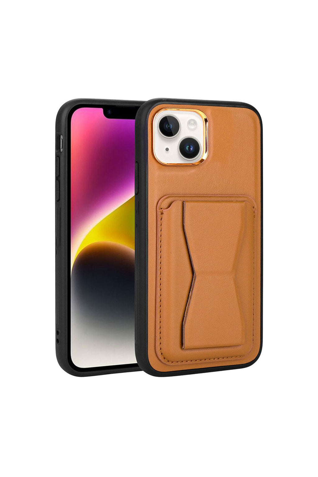 iPhone 14 Uyumlu Kartlıklı Standlı Pu Deri Zore Memo Kılıf-Kahve Açık