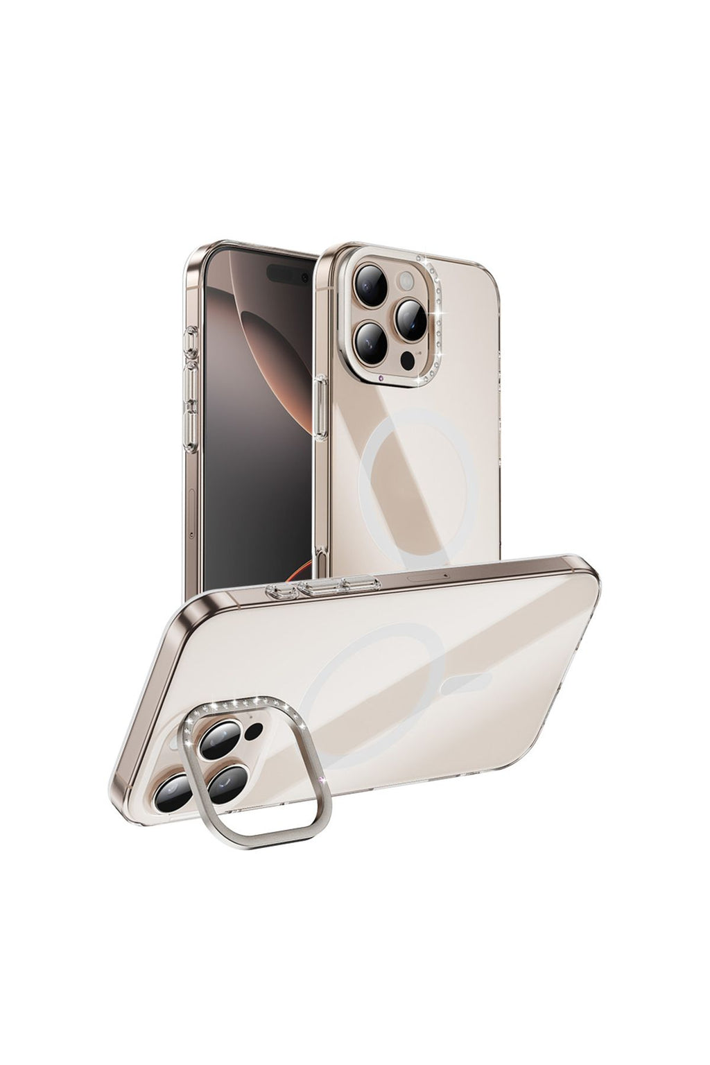 iPhone 16 Pro Max Uuyumlu Kılıf Magsafe Şarj Özellikli Kamera Standlı Estop Kapak - Gold