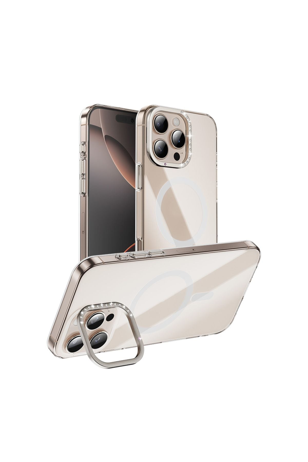 iPhone 16 Pro Max Uuyumlu Kılıf Magsafe Şarj Özellikli Kamera Standlı Estop Kapak - Gold