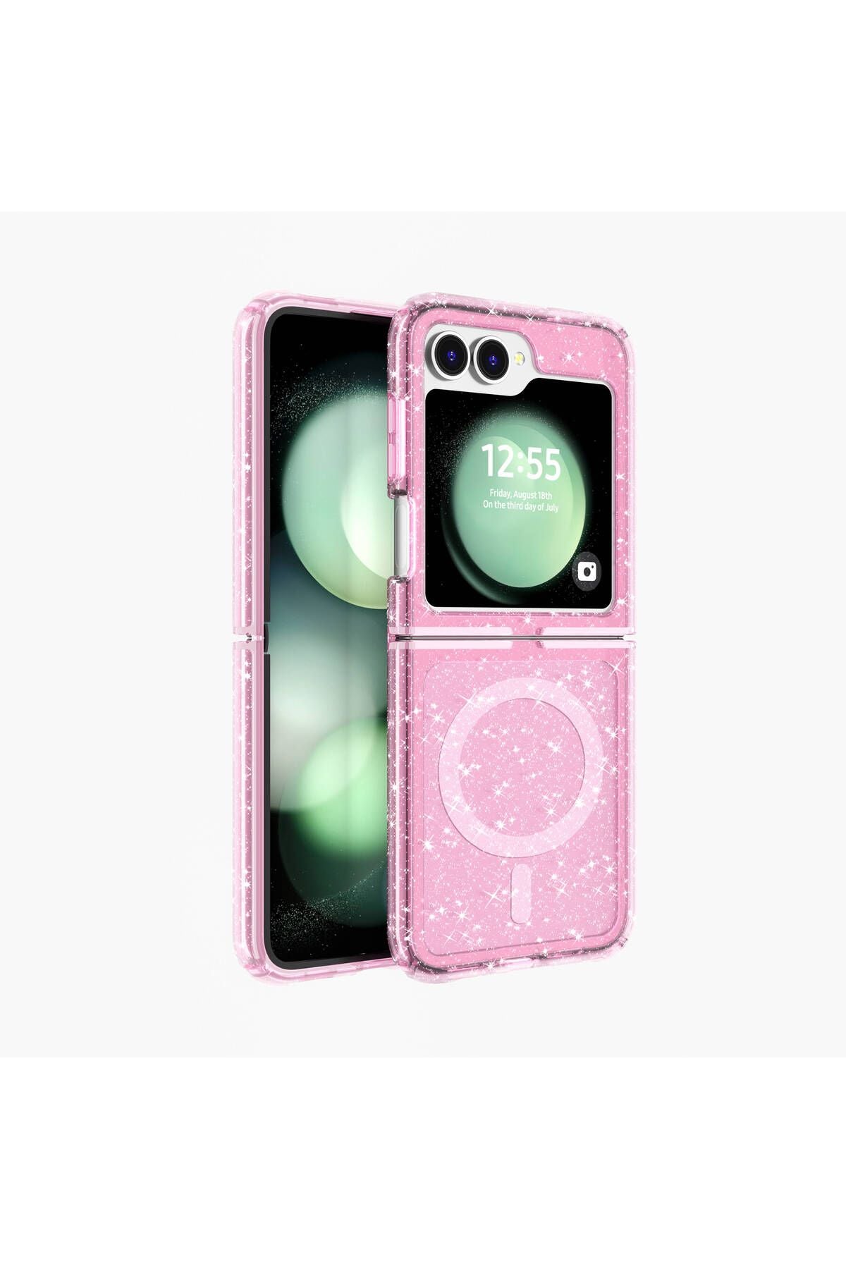 Galaxy Z Flip 6 Kılıf Magsafe Şarj Özellikli Parlayan Simli Saydam Renkli Zore Allstar Kapak - Pembe