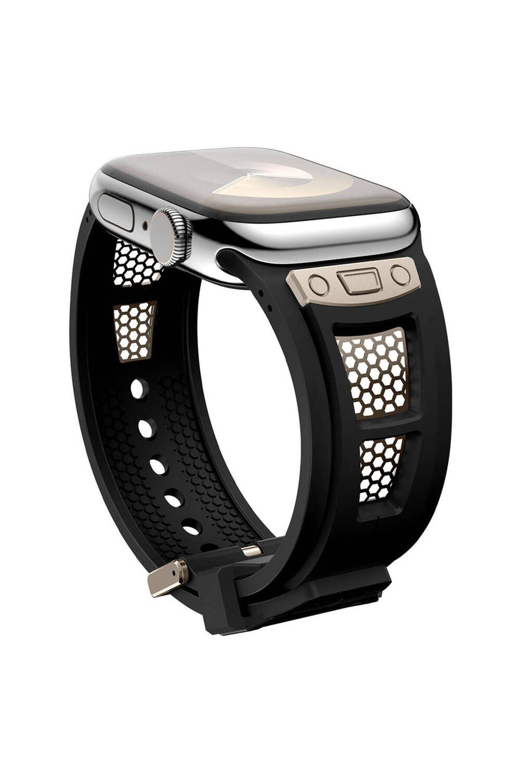 Apple Watch 7 45mm Zore KRD-117 Hava Alabilen Delikli Metal Süslemeli Desenli Silikon Kordon-Titanyu