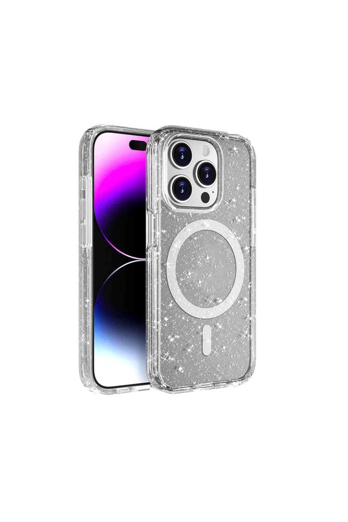 iPhone 15 Pro Kılıf Magsafe Şarj Özellikli Parlayan Simli Saydam Renkli Zore Allstar Kapak - Şeffaf