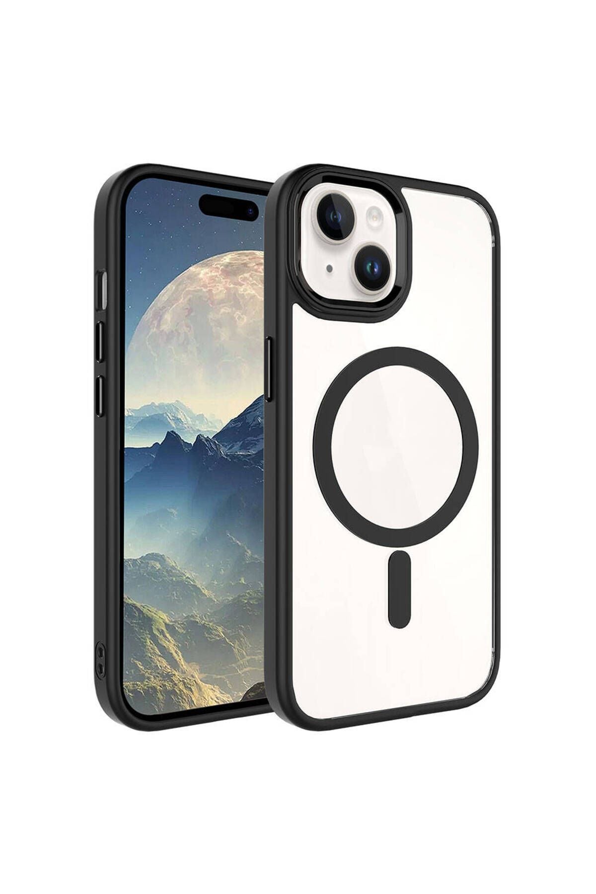 iPhone 15 Uyumlu Wireless Şarj Özellikli Zore Krom Magsafe Silikon Kılıf-Siyah