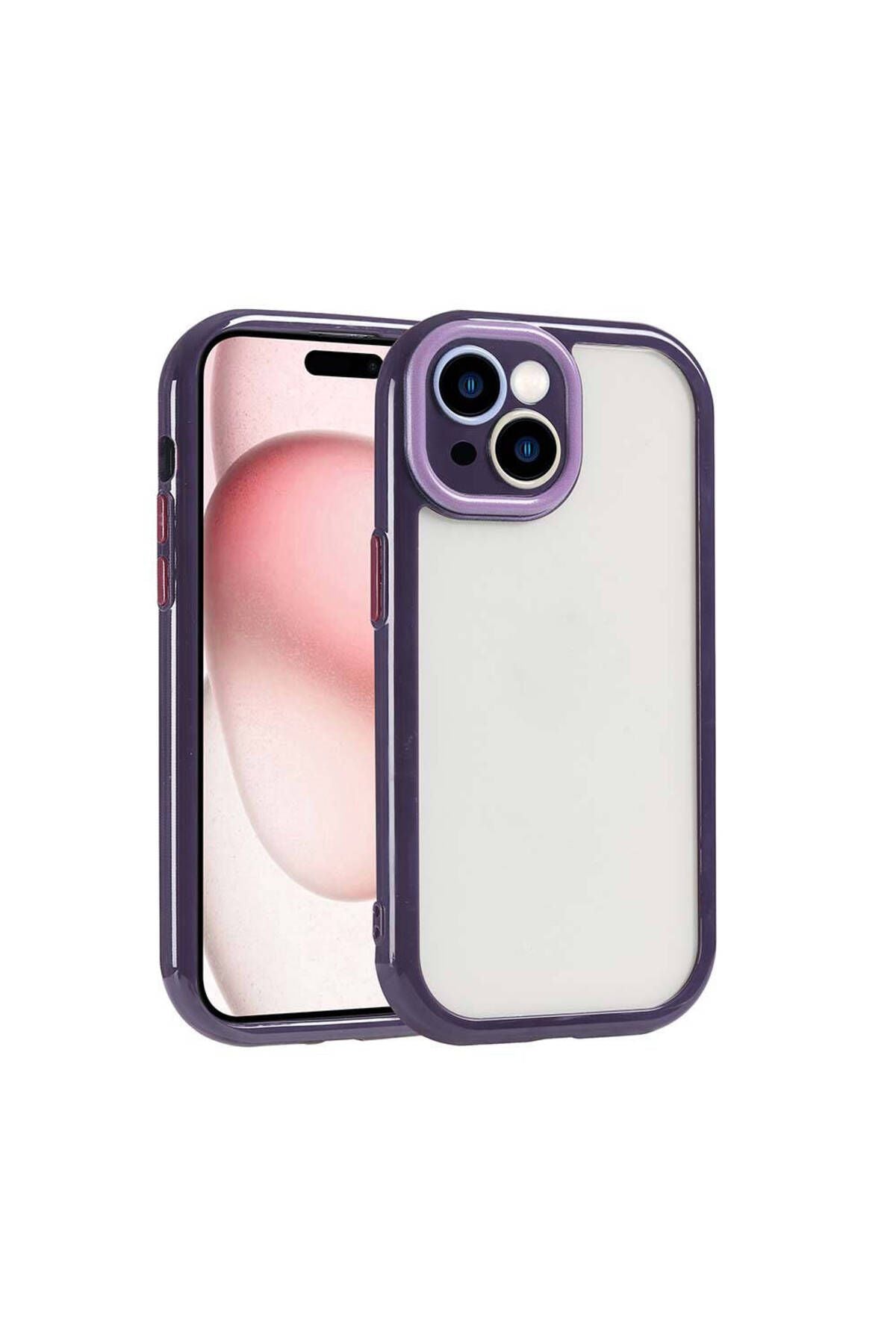 iPhone 15 Kılıf Kamera Korumalı Renkli Kenar ve Çerçeve Tasarımlı Zore Vitamin Kapak-Mürdüm