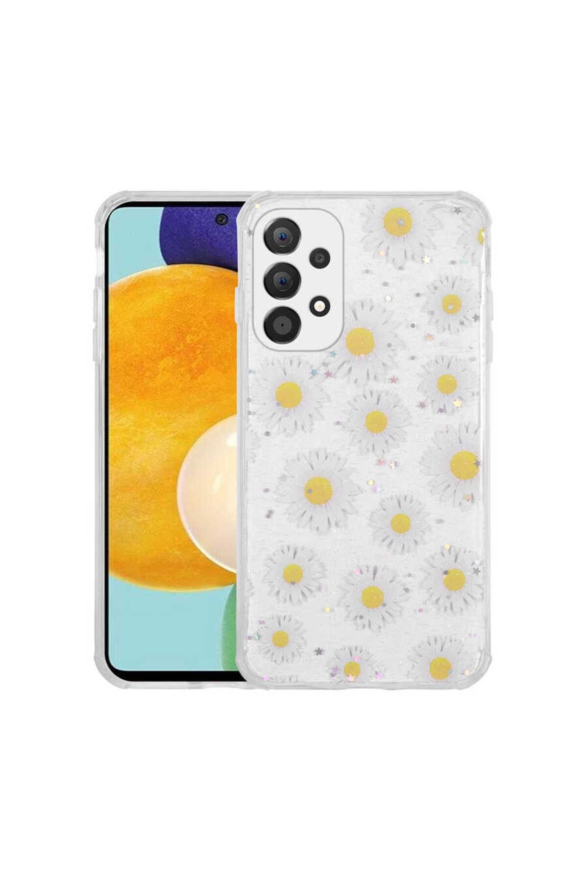 Galaxy A32 4G Kılıf Simli Desenli Kamera Korumalı Parlak WNX Popy Kapak - Papatya