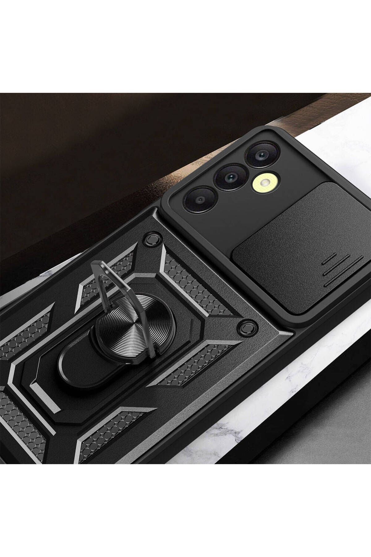 Galaxy A25 Kılıf Magnetik Standlı Kamera Korumalı Zore Sürgülü Vega Kapak - Siyah