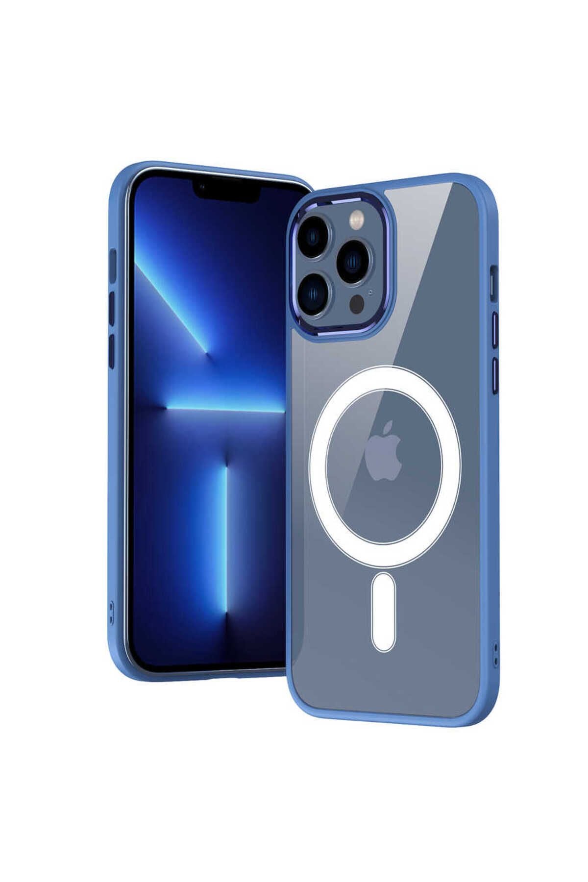 iPhone 14 Pro Uyumlu Wireless Şarj Özellikli Zore Krom Magsafe Silikon Kılıf-Siyah