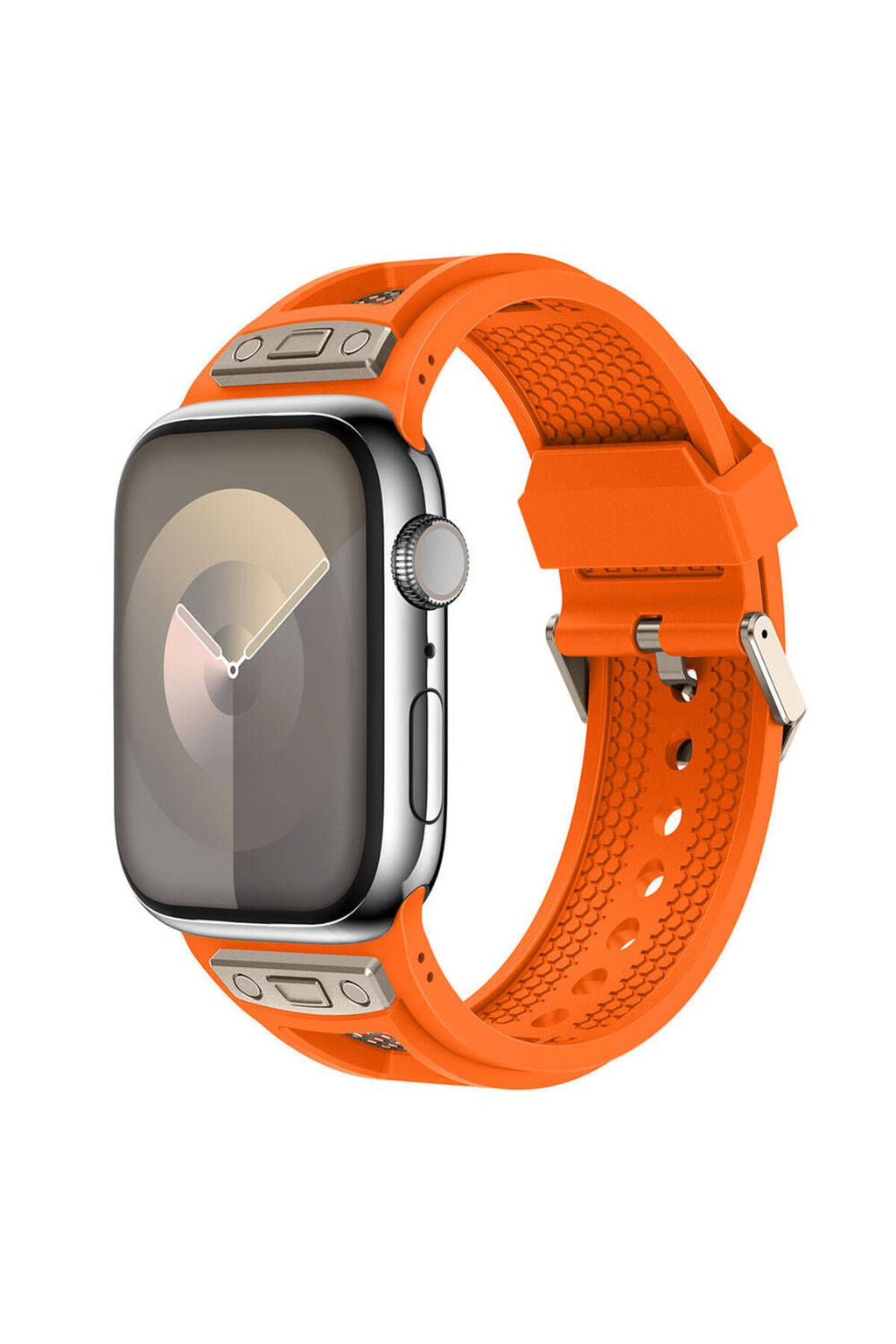 Apple Watch 44mm Zore KRD-117 Hava Alabilen Delikli Metal Süslemeli Desenli Silikon Kordon-Titanyum-