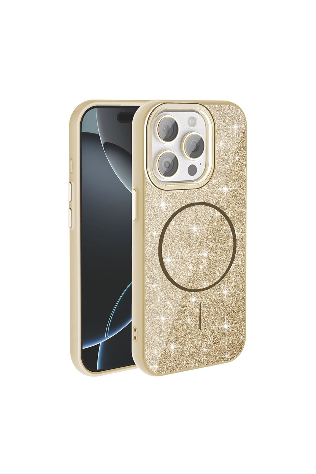 iPhone 15 Pro Kılıf Magsafe Şarj Özellikli Parlayan Simli Zore Okso Kapak - Gold