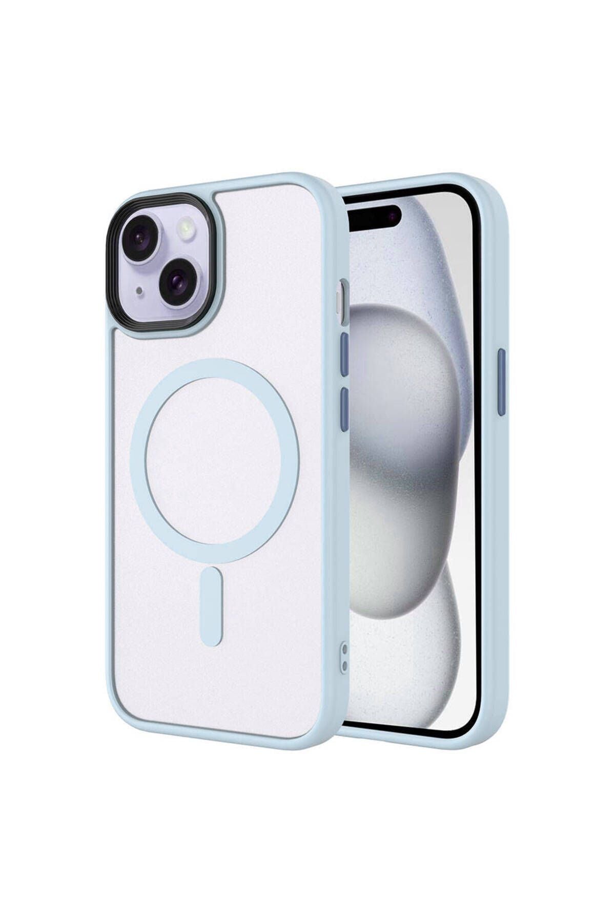 iPhone 15 Kılıf Mat Arka Yüzey Wireless Şarj Özellikli Zore Flet Magsafe Kapak - Mavi Açık