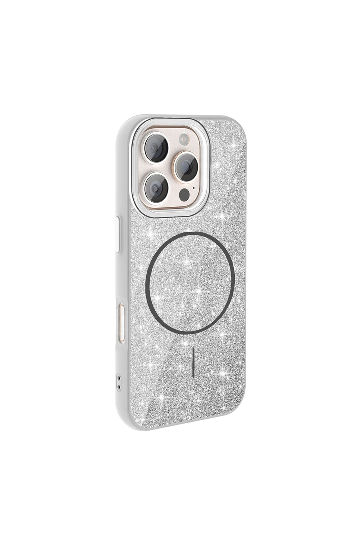 iPhone 16 Pro Max Kılıf Magsafe Şarj Özellikli Parlayan Simli Zore Okso Kapak - Beyaz