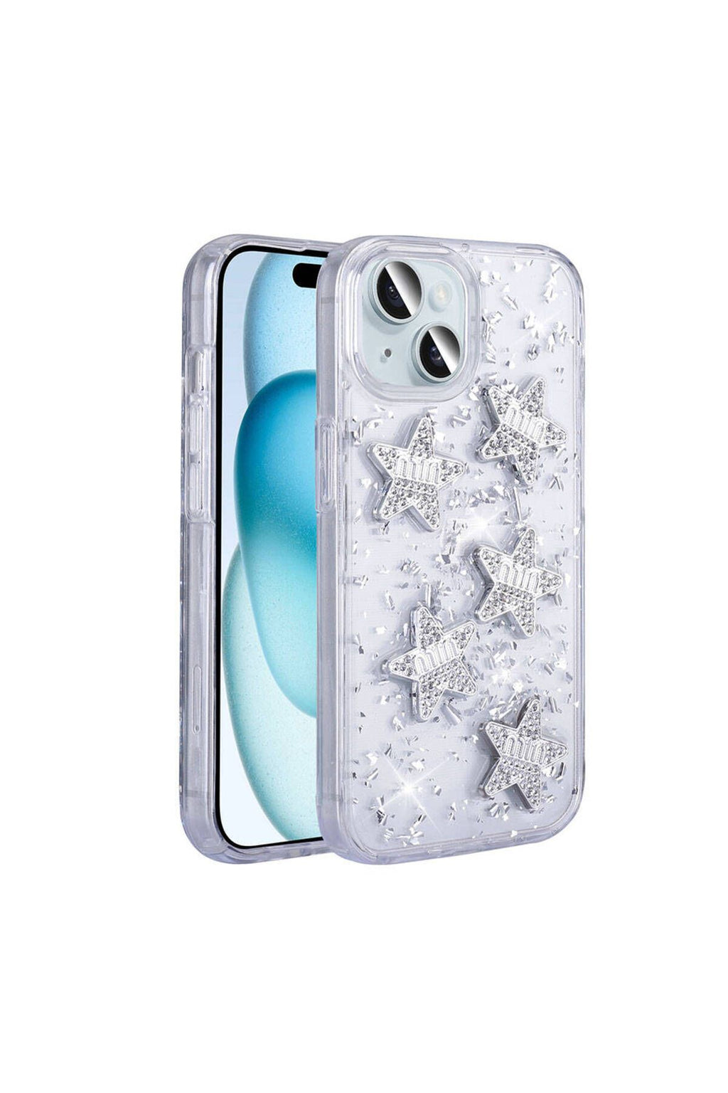 iPhone 15 Uyumlu ODC Kılıf Airbagli Simli Arka Yüzey Zore Işıltı Silikon Kapak-Beyaz-Yıldız