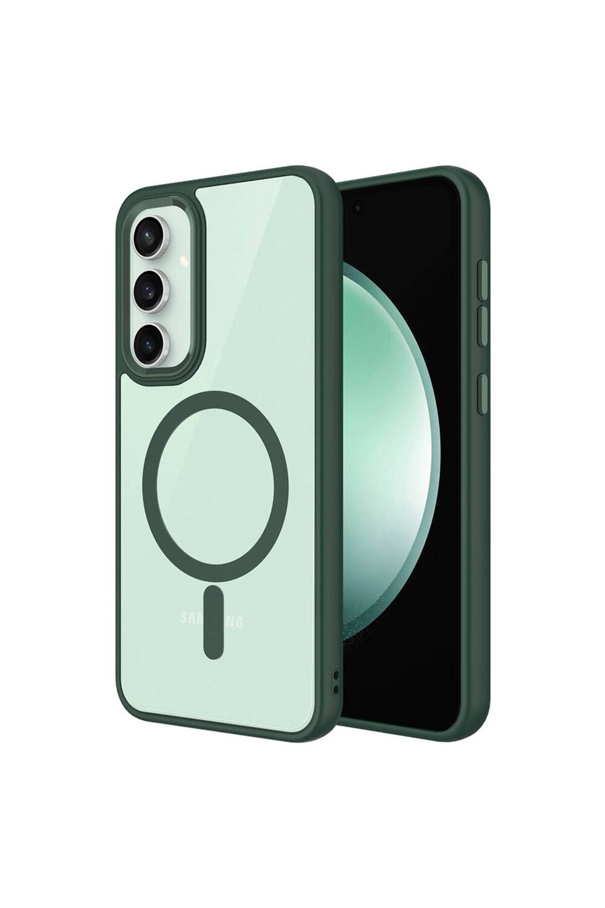 Galaxy S23 FE Uyumlu Wireless Şarj Özellikli PAK Krom Magsafe Silikon Kılıf-Koyu Yeşil