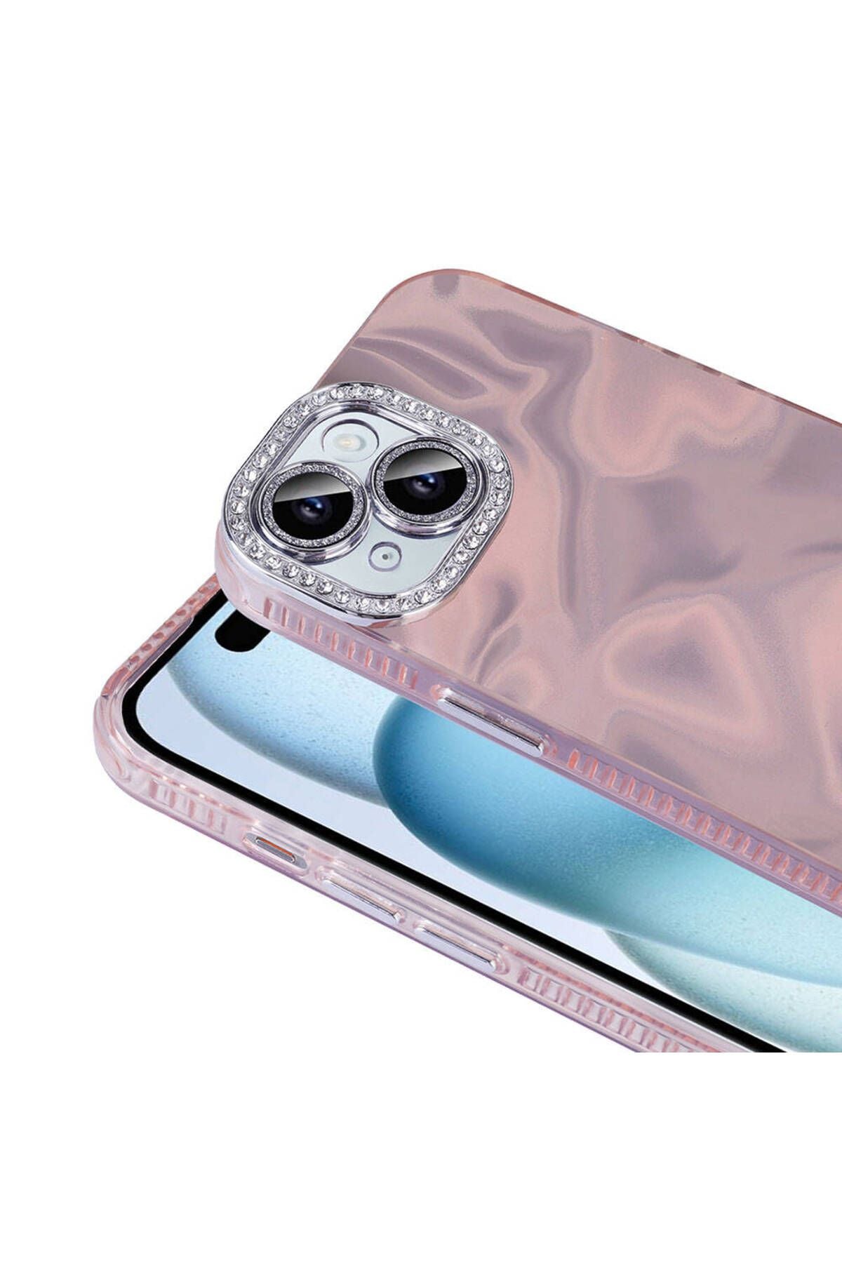 iPhone 15 Kılıf Airbagli Parlak Taş Detay Tasarımlı Zore Esila Kapak-Pembe