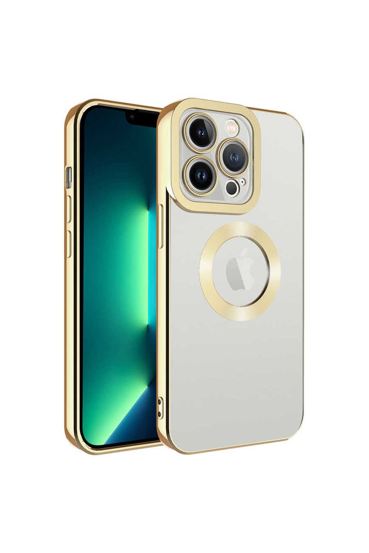 iPhone 14 Pro Uyumlu Kamera Korumalı Logo Gösteren Zore Omega Kılıf-Gold
