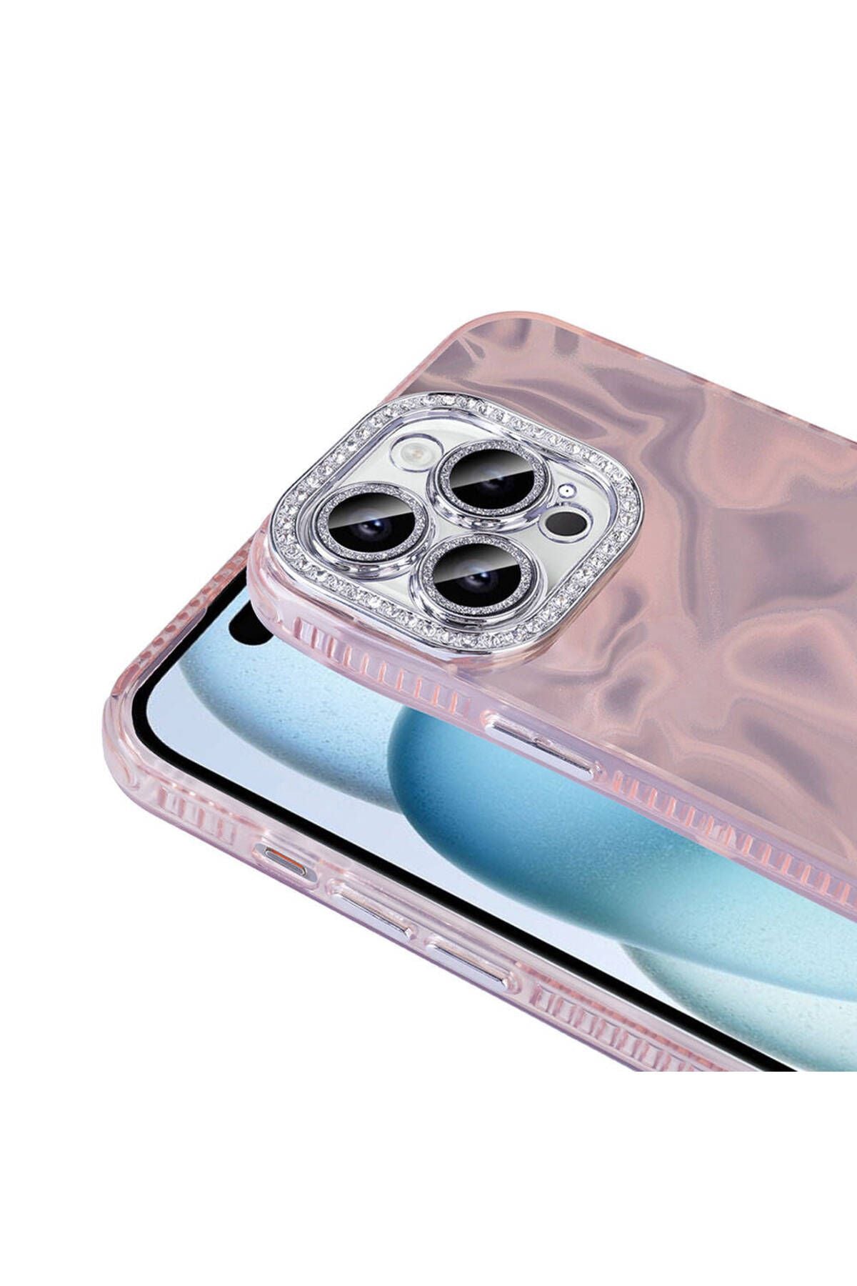 iPhone 15 Pro Kılıf Airbagli Parlak Taş Detay Tasarımlı Zore Esila Kapak - Pembe