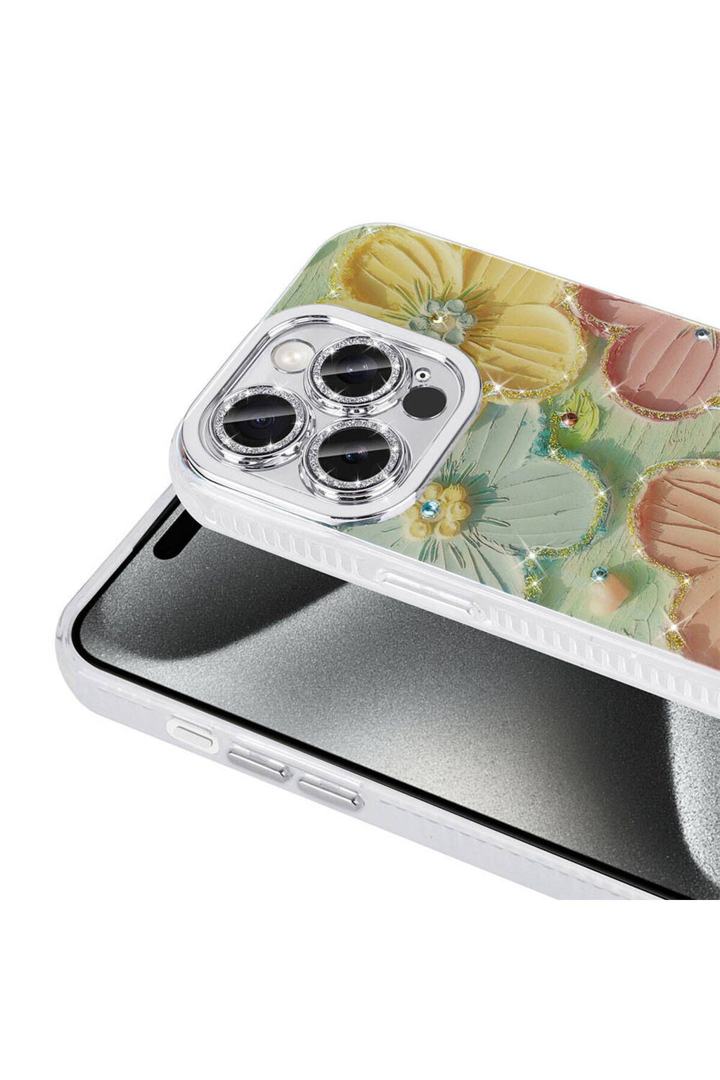 iPhone 15 Pro Max Kılıf Çiçek Desenli Parlak Taşlı Sert Silikon Zore Garden Kapak - Pembe Açık