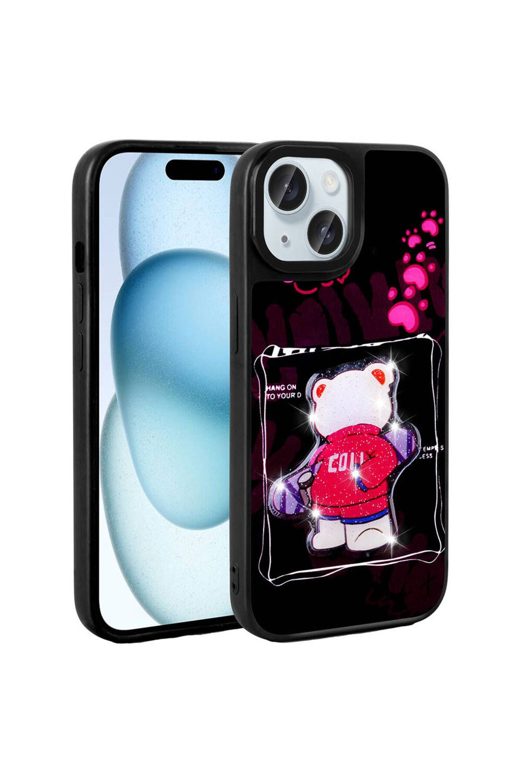 iPhone 15 Kılıf Parlayan Kabartmalı İkonik Figürlü Zore Amas Silikon Kapak - Siyah