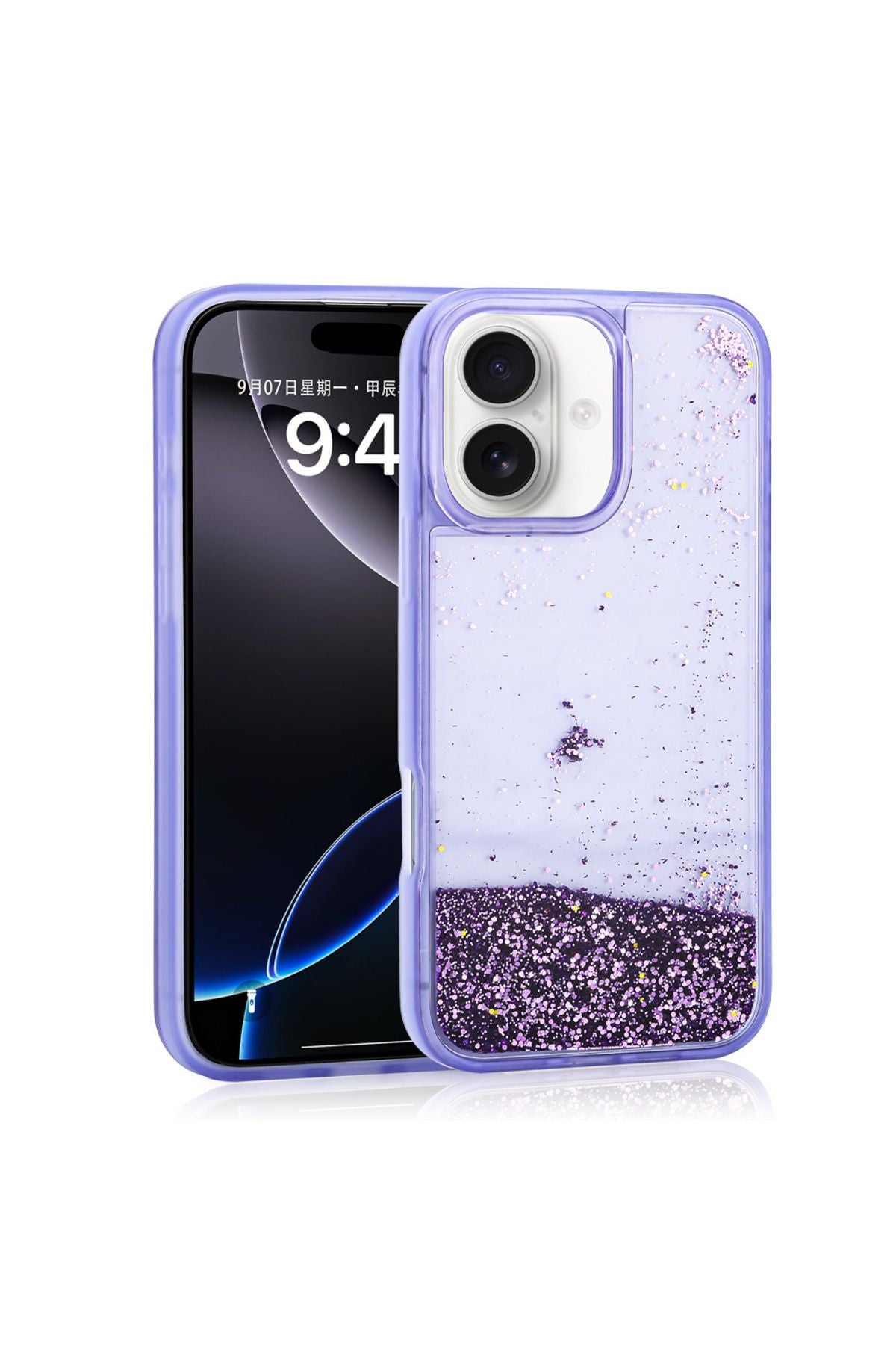 iPhone 16 Kılıf Sıvılı Simli Şeffaf Arka Yüzey Zore Keto Silikon Kapak - Mor