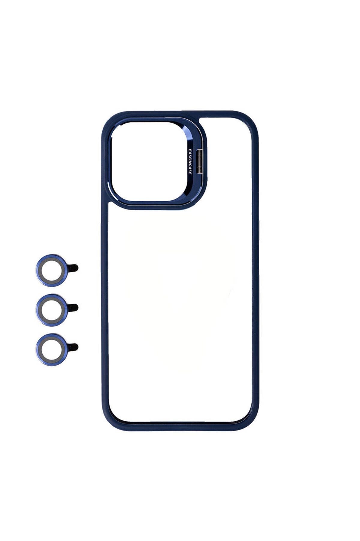 iPhone 15 Pro Max Uyumlu Kamera LZore Korumalı Standlı Zore Klon LNSM-li Kılıf-Lacivert