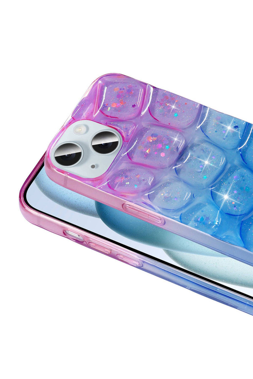 iPhone 15 Kılıf Simli 3D Desenli Zore Hacar Kapak - Pembe-Mavi