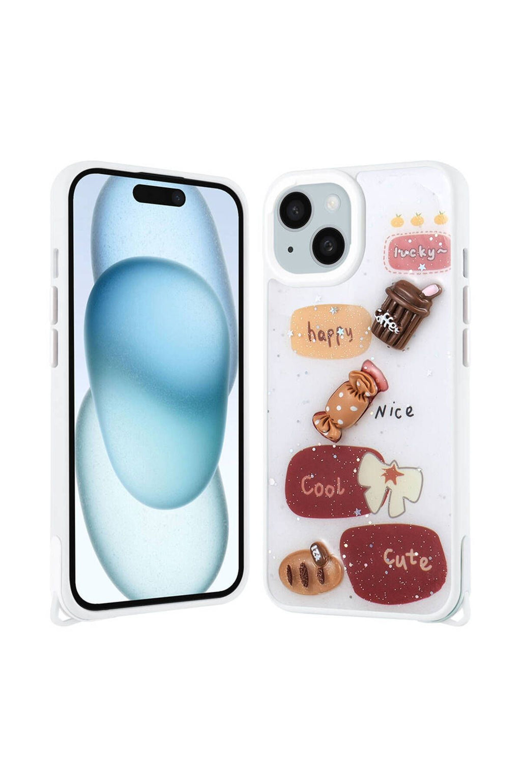 iPhone 15 Kılıf Parlayan Simli Kabartma Figürlü Zore Cevze Kapak - Beyaz