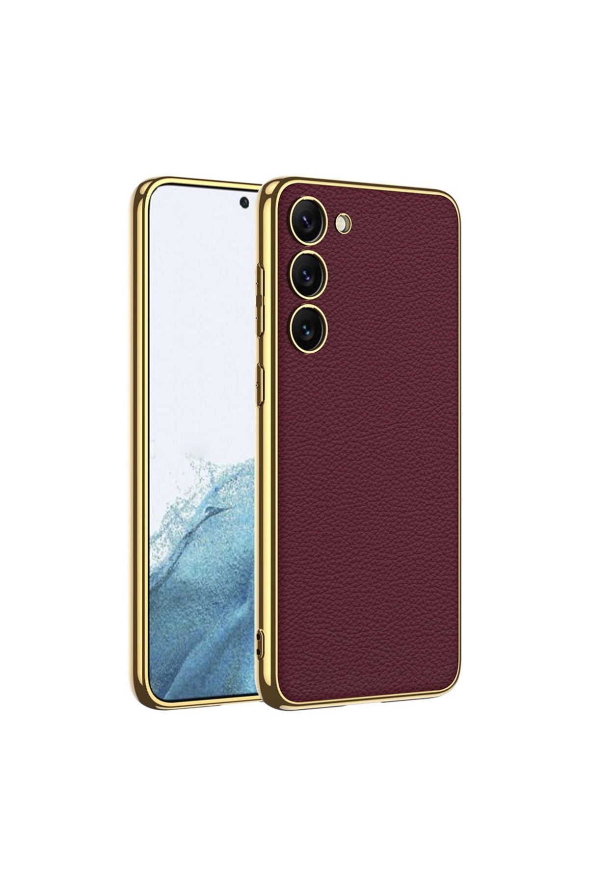 Galaxy S23 Uyumlu Deri Görünümlü Kenarları Elektroplating Kaplama Zore Fizyon Kılıf-Kırmızı