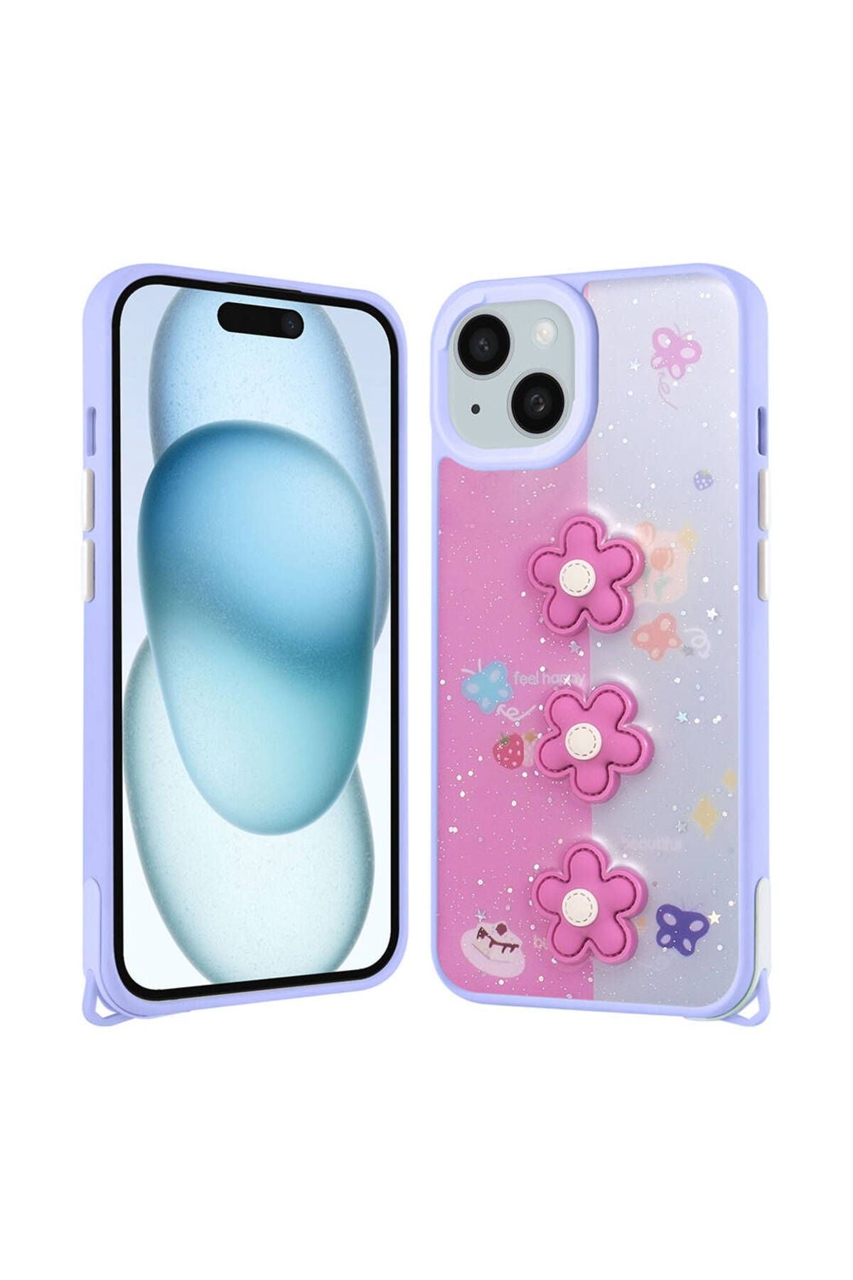 iPhone 15 Plus Kılıf Parlayan Sıvılı Simli Kabartma Figürlü Zore Cevze Kapak-Mor PaNSM-ya