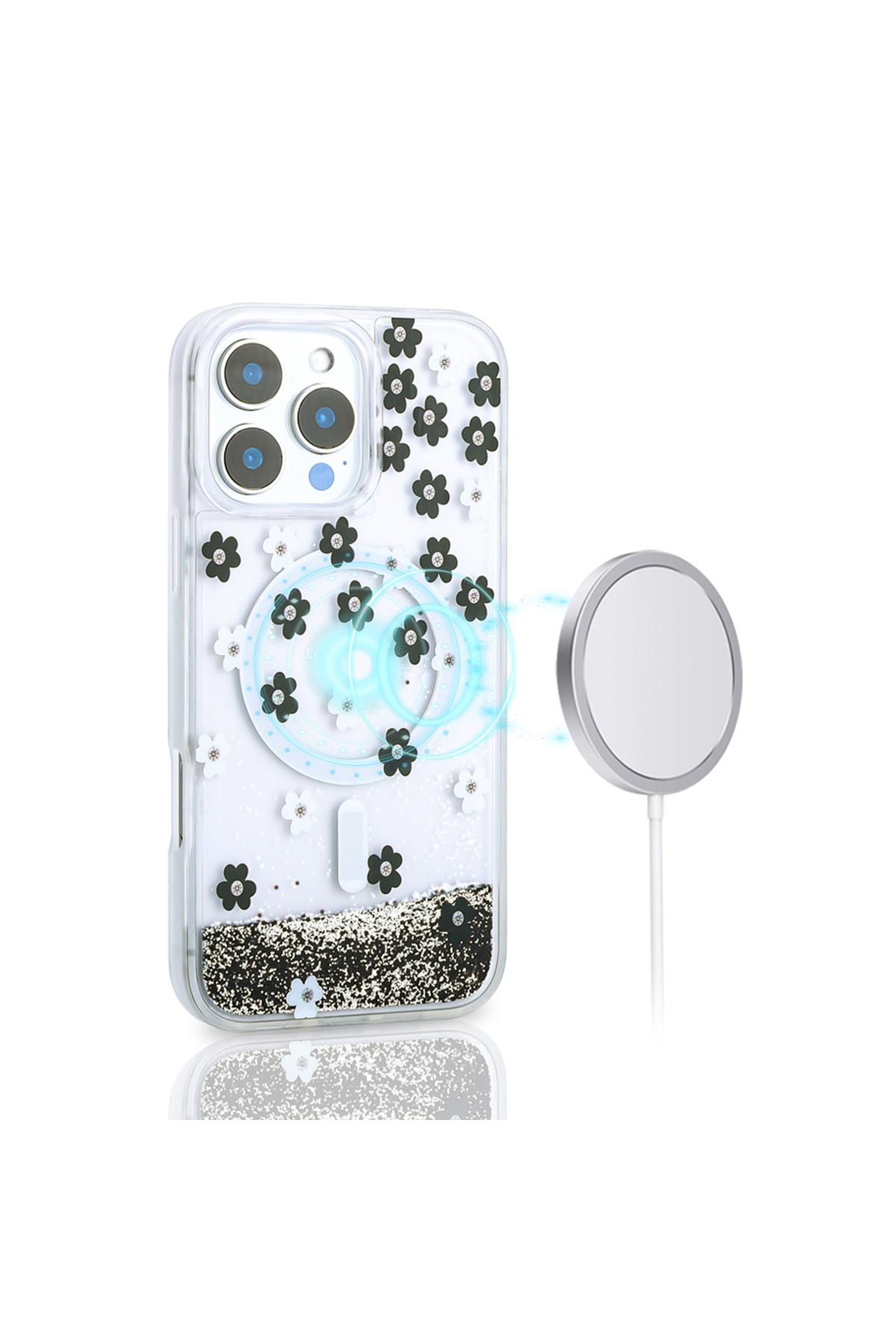 iPhone 16 Pro Max Uyumlu Kılıf Sıvılı Simli Baskılı Şeffaf Arka Yüzey Zore Mossa Silikon Kapak-Pembe