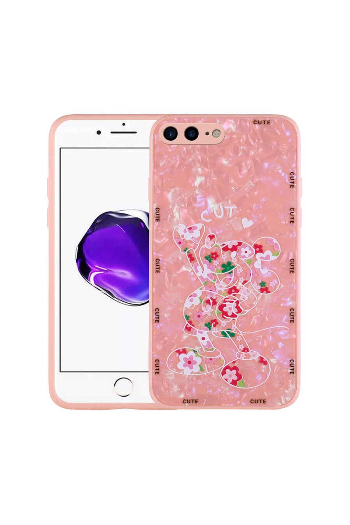iPhone 8 Plus Kılıf Desenli Sert Silikon Zore Mumila Kapak - Pink Mouse