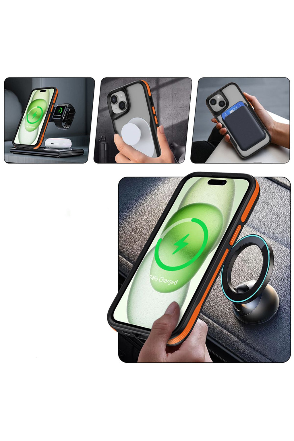 iPhone 15 Plus Uyumlu Magsafe Şarj Özellikli Renkli Kenar Airbag Şeritli Zore Lamer Kapak-Gri