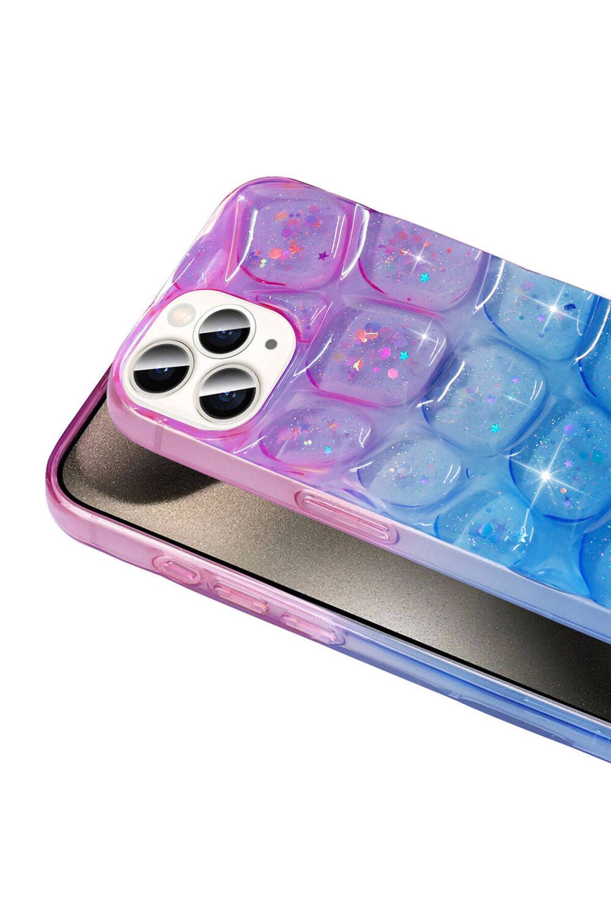 iPhone 15 Pro Kılıf Simli 3D Desenli Zore Hacar Kapak - Mor-Mavi