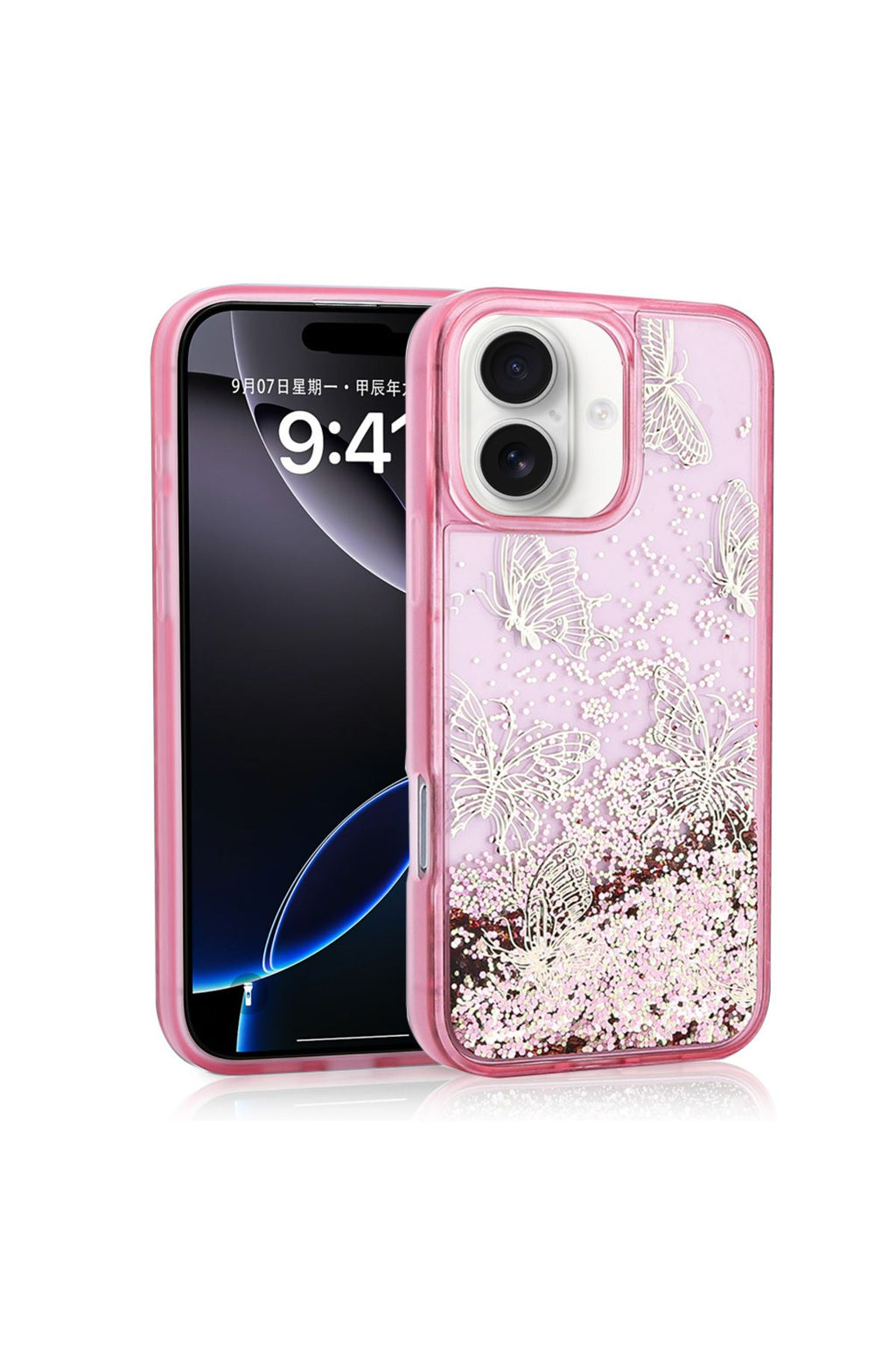 iPhone 16 Kılıf Sıvılı Simli Kelebek Baskılı Şeffaf Arka Yüzey Zore Glis Silikon Kapak - Siyah