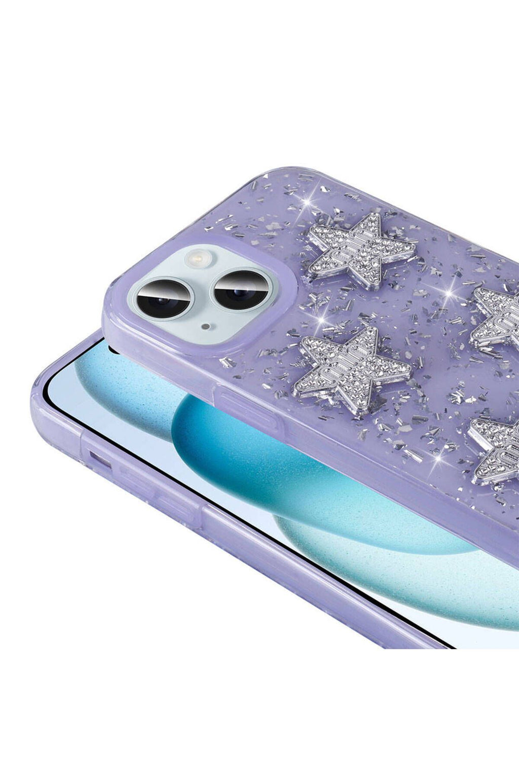 iPhone 14 Uyumlu FRM Kılıf Airbagli Simli Arka Yüzey Zore Işıltı Silikon Kapak-Beyaz-Yıldız