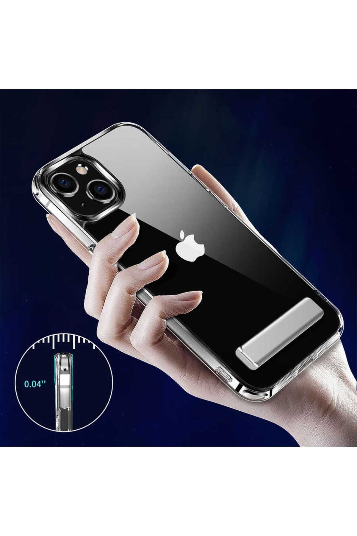 iPhone 14 Uyumlu Standlı Şeffaf Silikon Zore L-Stand Kılıf-Renksiz