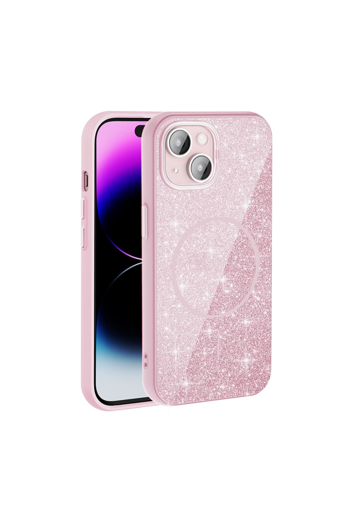 iPhone 15 Kılıf Magsafe Şarj Özellikli Parlayan Simli Zore Okso Kapak - Pembe