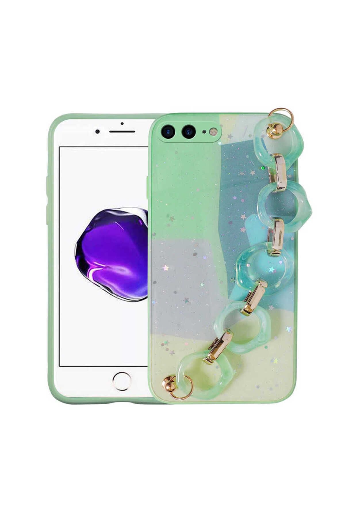 iPhone 8 Plus Kılıf Simli Desenli El Askılı Tutacaklı Zore Elsa Silikon Kapak - Yeşil