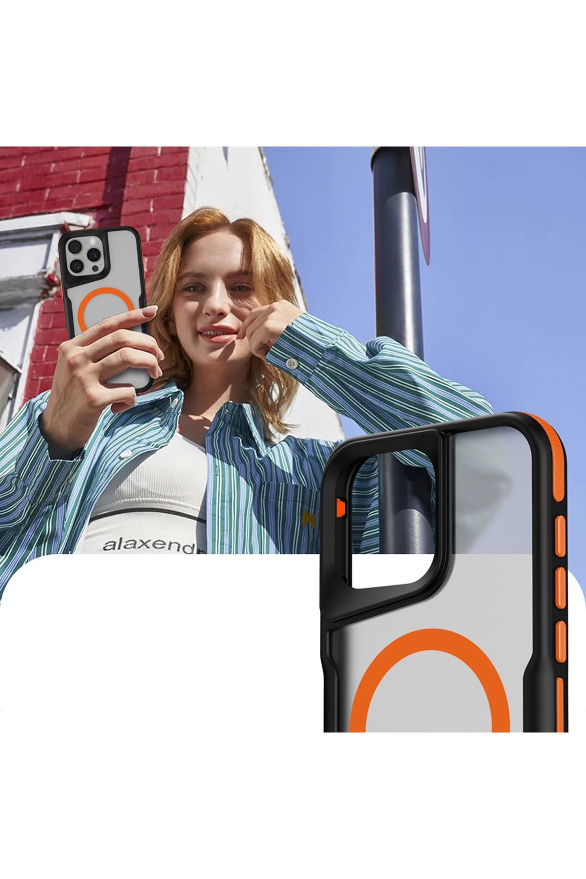 iPhone 16 Pro Max Uyumlu Magsafe Şarj Özellikli Renkli Kenar Airbag Şeritli Zore Lamer Kapak-Siyah