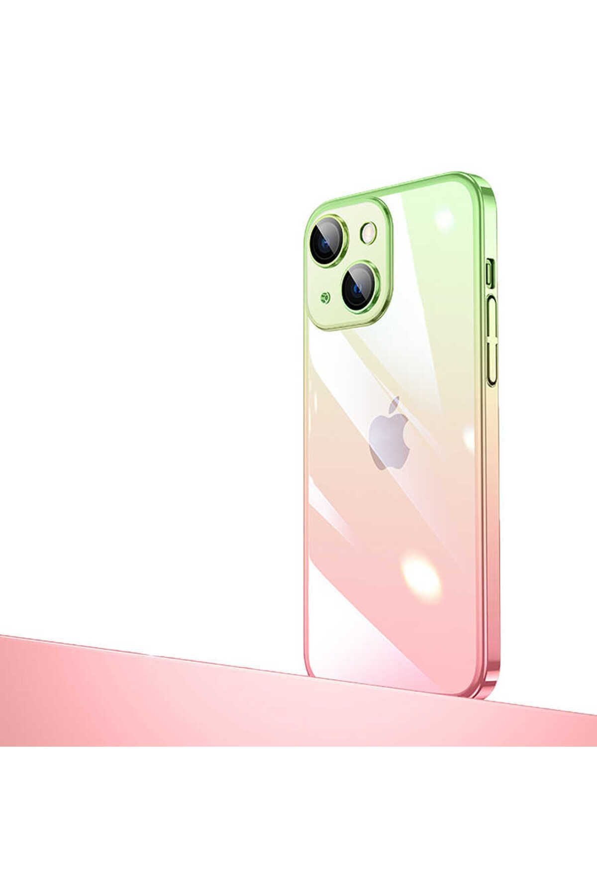 iPhone 14 Uyumlu Parlak Renk Geçişli Kamera Korumalı CSM Zore Senkron Kılıf-Pembe-Yeşil