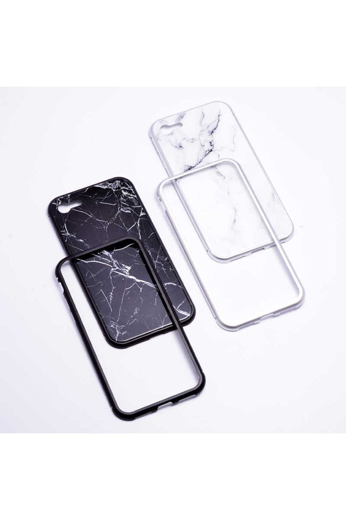 iPhone SE 2022 Uyumlu Zore Mermerli Devrim Cam Kılıf-Siyah