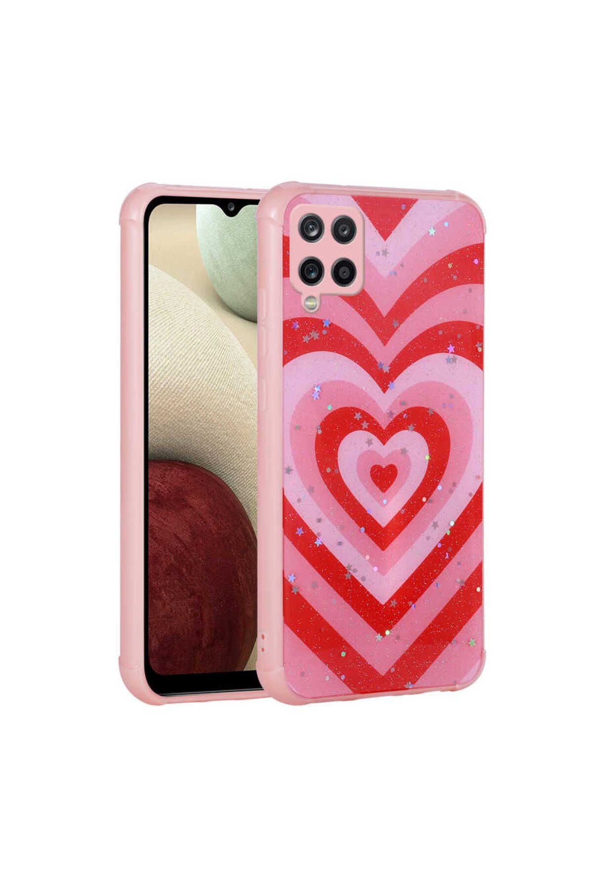 Galaxy A12 Kılıf Simli Desenli Kamera Korumalı Parlak Zore Popy Kapak - Kalp