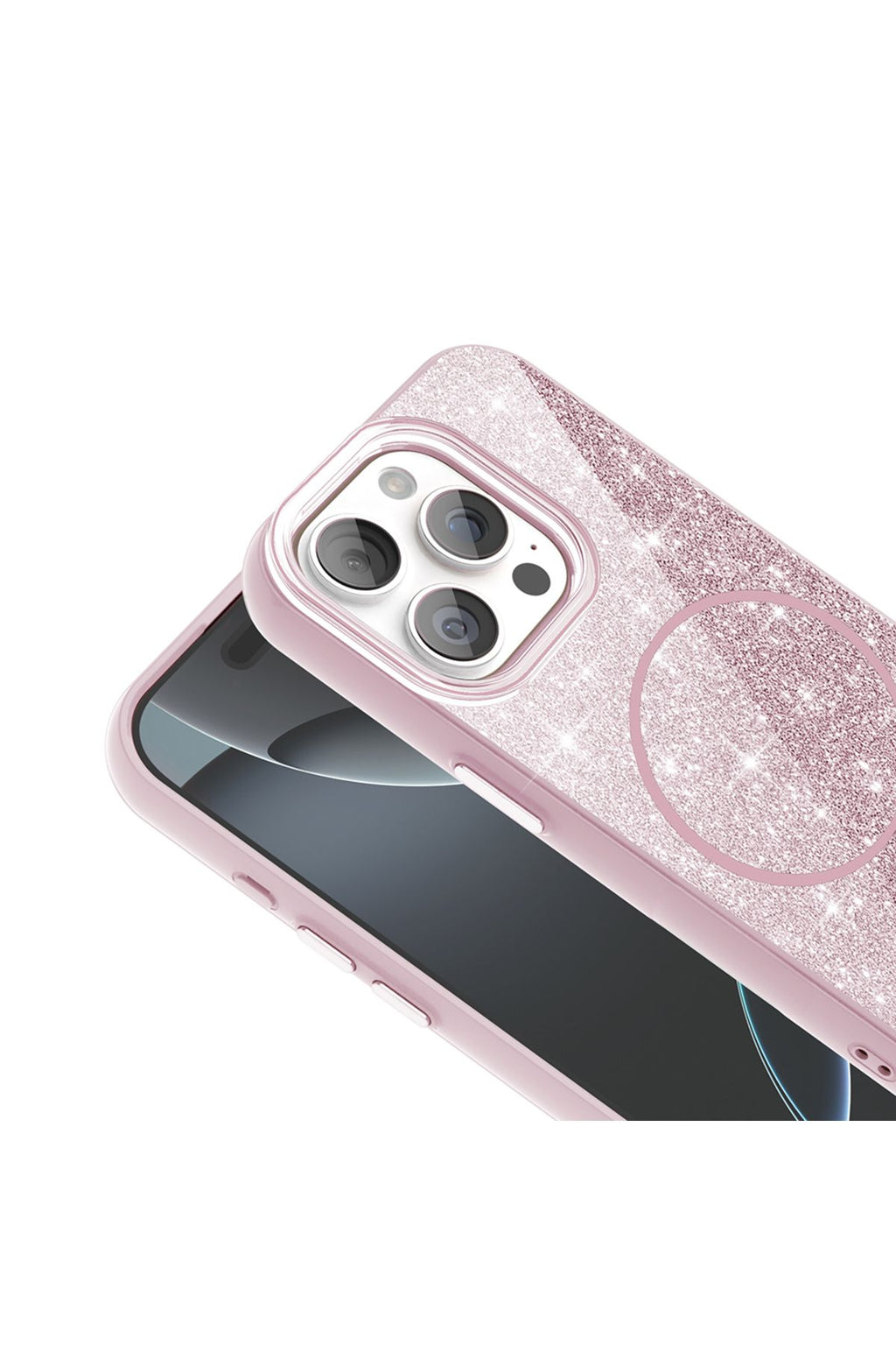 iPhone 15 Pro Max Kılıf Magsafe Şarj Özellikli Parlayan Simli Zore Okso Kapak - Pembe