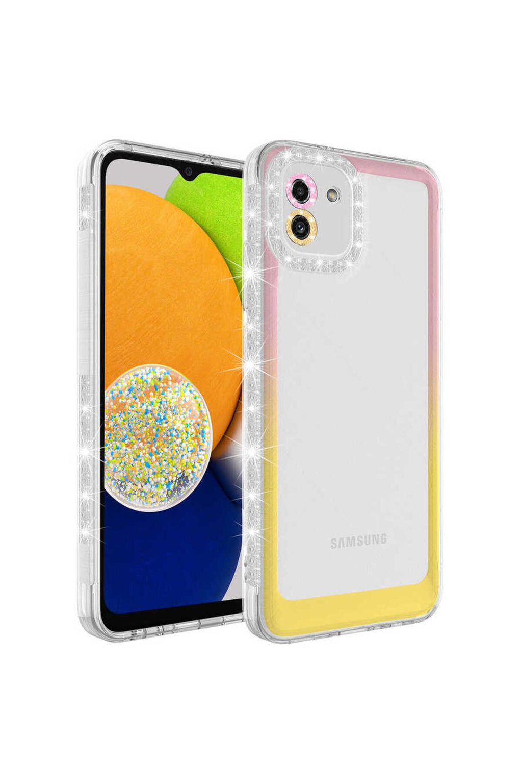 Galaxy A03 Kılıf Simli ve Renk Geçiş Tasarımlı Lens Korumalı Zore Park Kapak - Pembe-Sarı