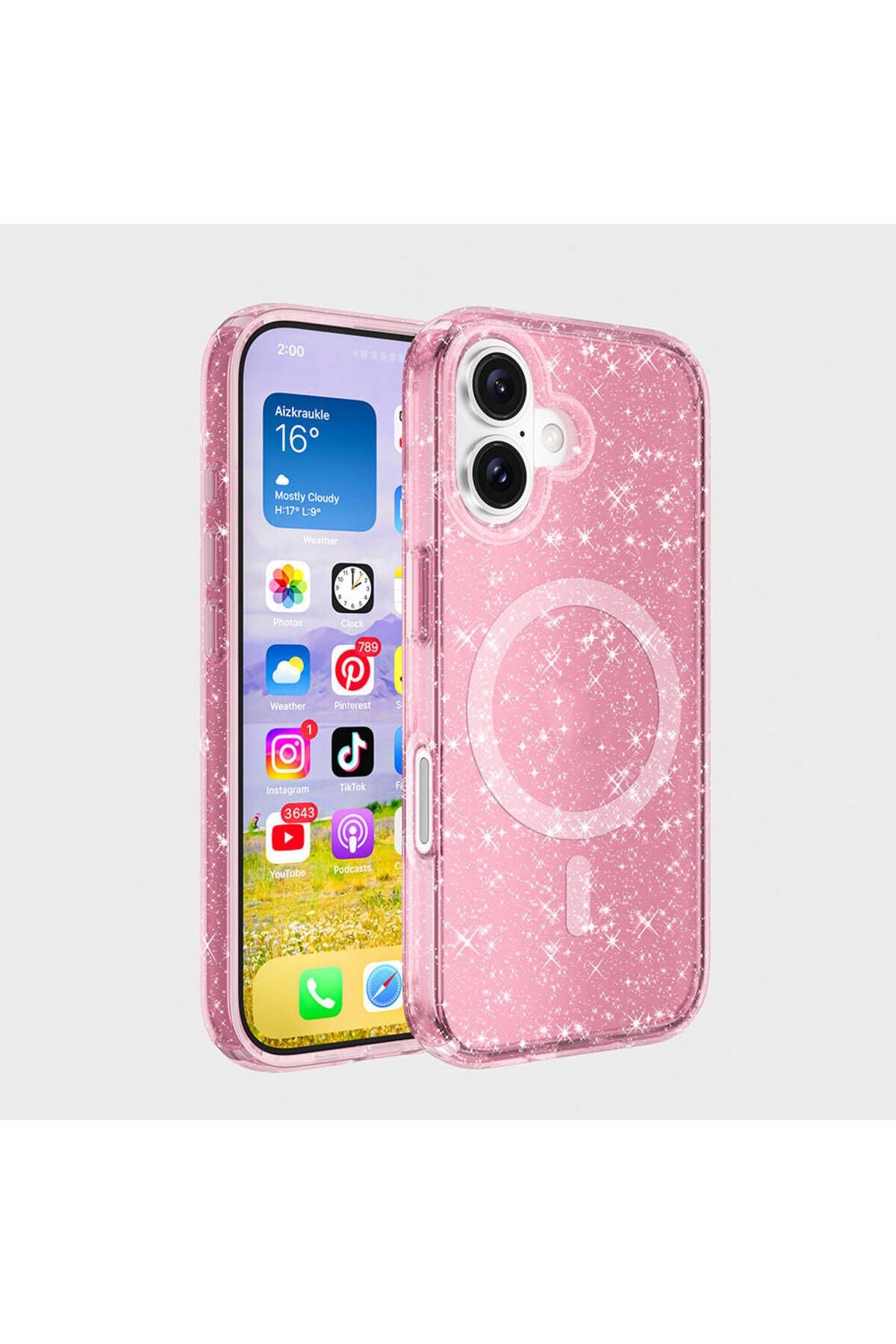 Apple iPhone 16 Kılıf Magsafe Şarj Özellikli Parlayan Simli Saydam Renkli Zore Allstar Kapak-Pembe