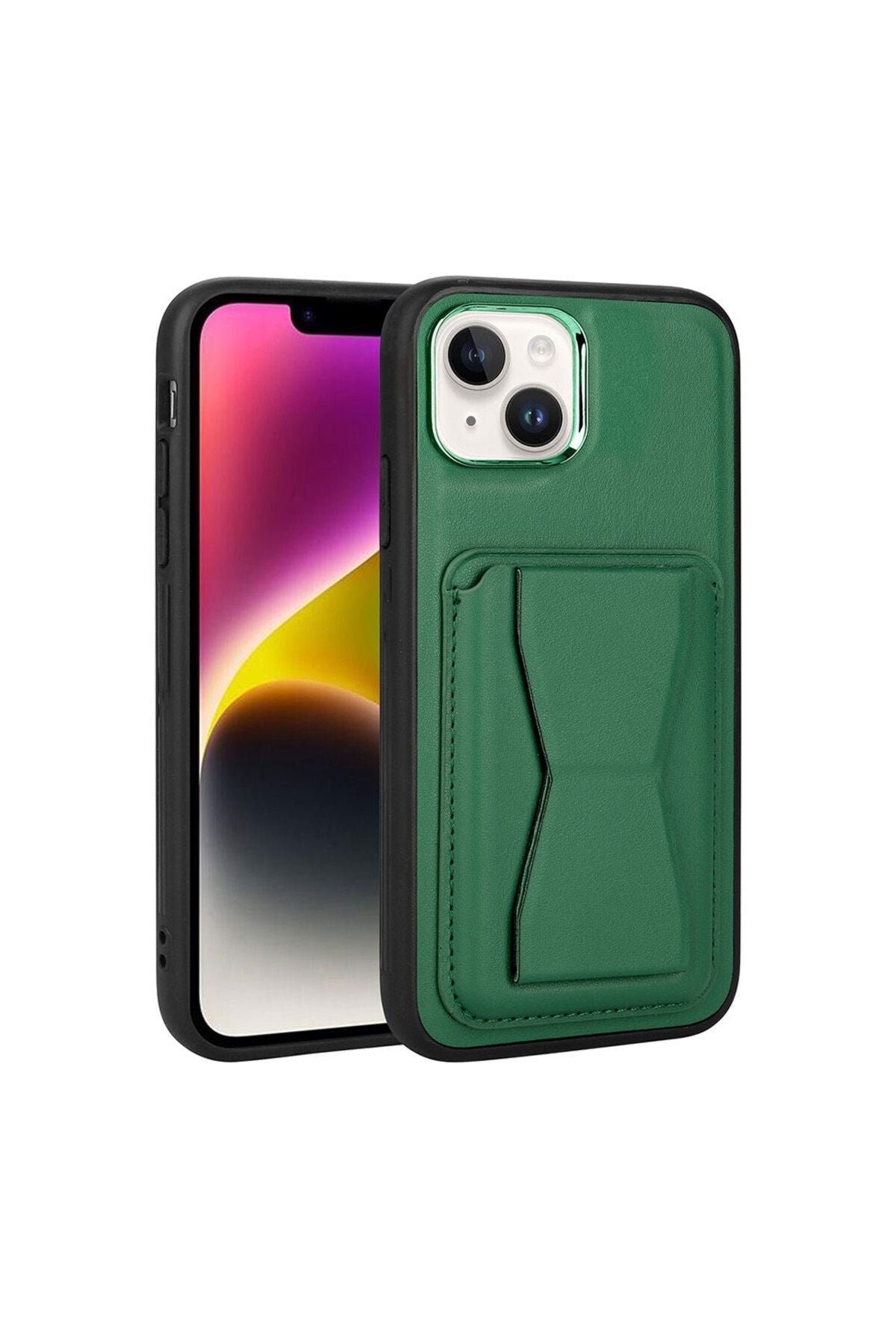 iPhone 14 Uyumlu Kartlıklı Standlı Pu Deri Zore Memo Kılıf-Koyu Yeşil