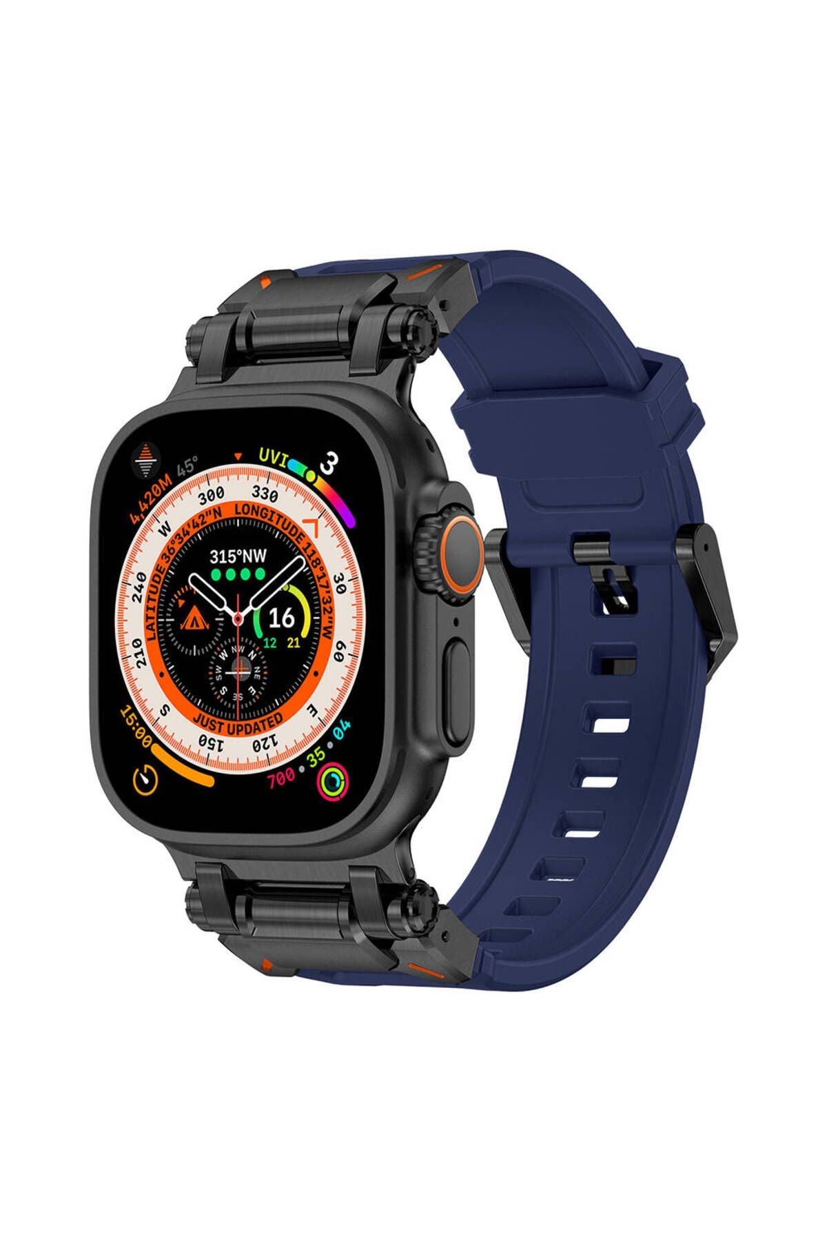 Watch Ultra 49mm CLO- KRD-101 Titanyum Metal Başlıklı Silikon Kordon-Siyah