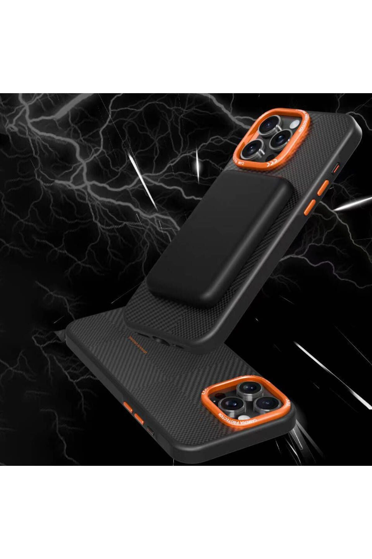 iPhone 15 Pro Max Kılıf Magsafe Şarj Özellikli Karbon Fiber Görünümlü Zore Kamp Kapak - Turuncu