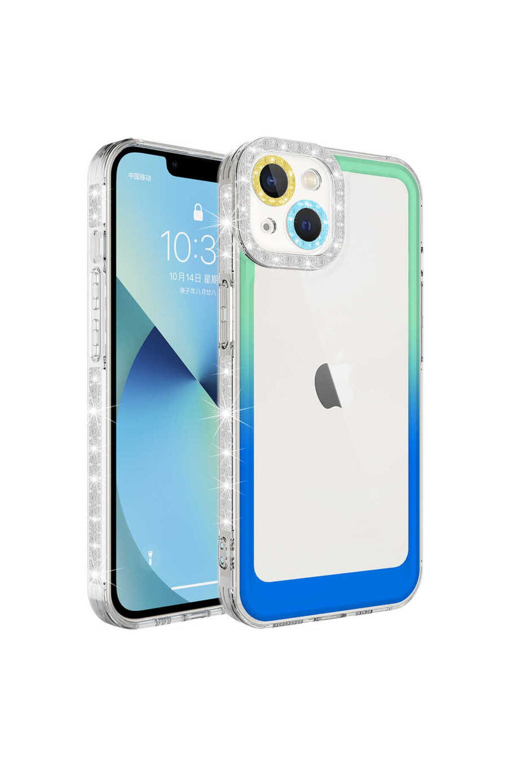 iPhone 14 Uyumlu Simli ve Renk Geçiş Tasarımlı LZore Korumalı Zore Park Kılıf-Yeşil-Mavi