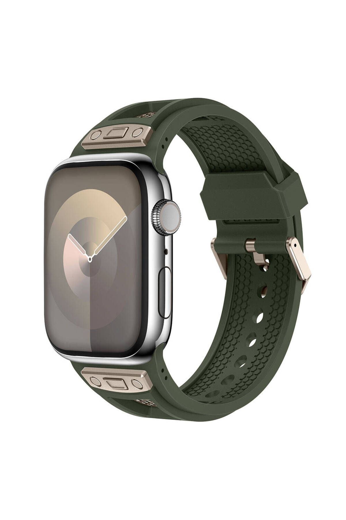 Apple Watch 42mm Zore KRD-117 Hava Alabilen Delikli Metal Süslemeli Desenli Silikon Kordon-Titanyum-